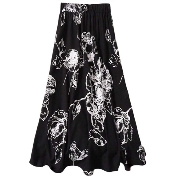Floral Birds Black and White Elastic Waist Maxi Long Skirt - Picture 1 of 10